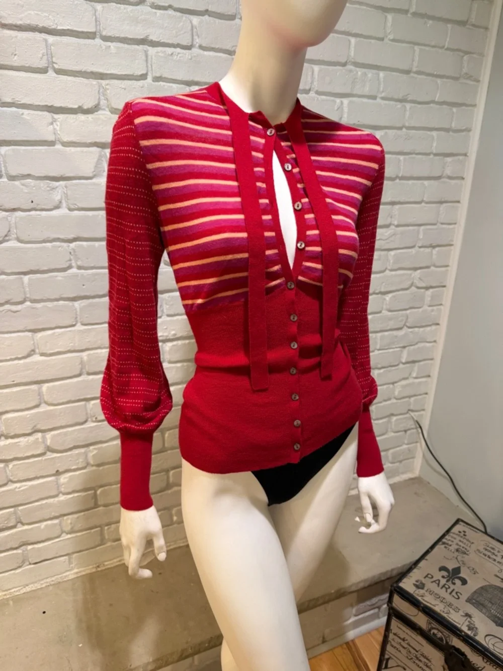 Free People Red Stripe Tie Neck Sweater S NWOT Boho Knit Blouse - Picture 2 of 14